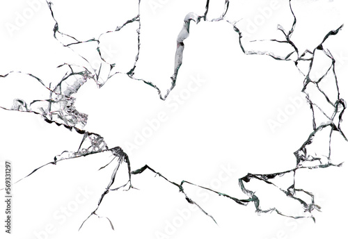 Cracked broken glass on a white background. Damaged window texture photo
