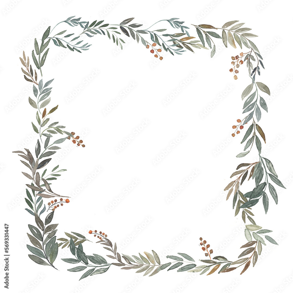 Hand drawn watercolor illustration. Frame of green wild branches with red berries. Spring mood. Floral Design elements. Perfect for invitations, greeting cards, prints, posters, packing etc Hand drawn watercolor illustration. Frame of green wild branches with red berries. Spring mood. Floral Design elements. Perfect for invitations, greeting cards, prints, posters, packing etc