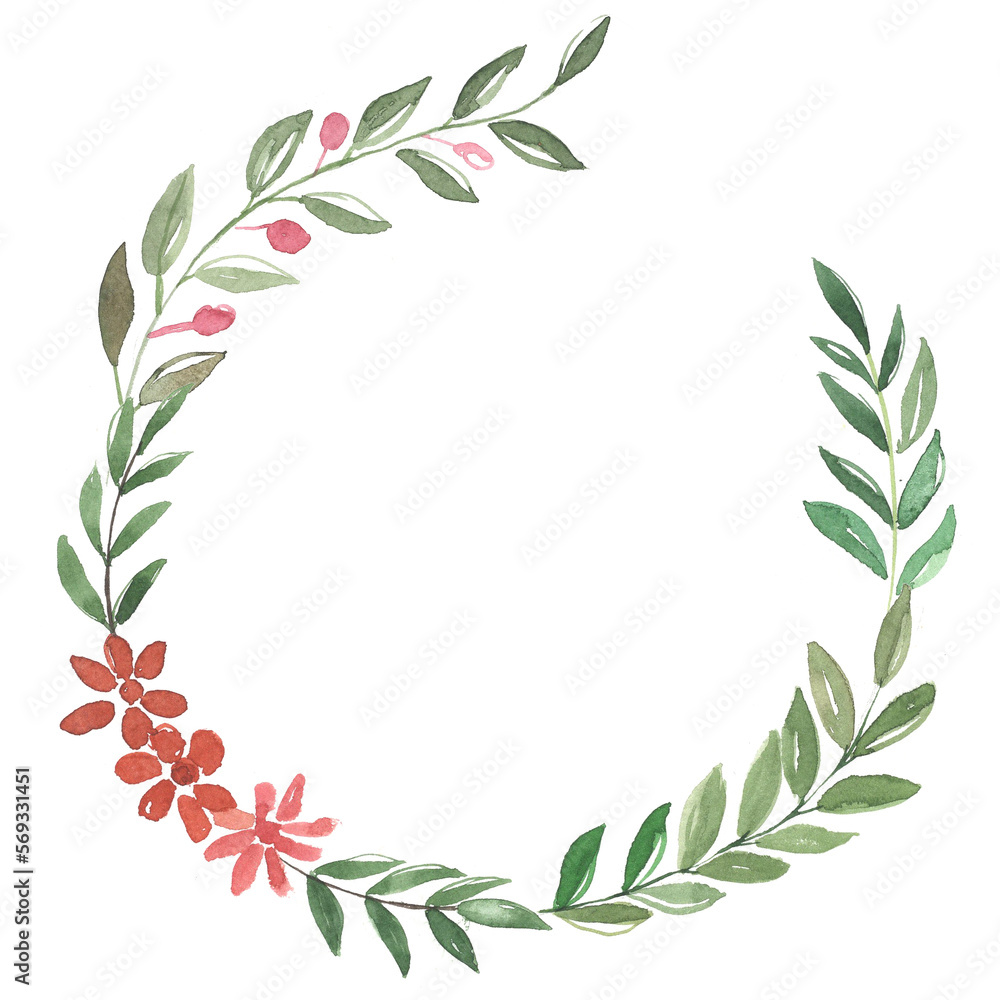 Hand drawn watercolor illustration. Botanical wreath of green branches with red flowers. Spring mood. Floral Design elements. Perfect for invitations, greeting cards, prints, posters, packing etc, pla