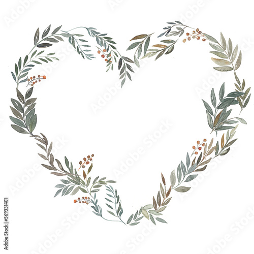 Fototapeta Naklejka Na Ścianę i Meble -  watercolor heart shaped frame with green wild branches with red berries. Spring mood. Floral Design elements. Perfect for invitations, greeting cards, prints, posters, packing etc, place for text  