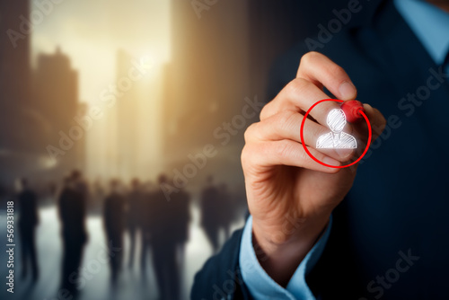 Human resources and marketing segmentation concept. Combination of photography and generative AI background with business people on city street