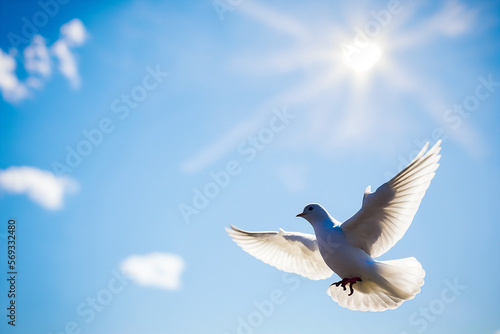 Blue Sky Background with dove, symbol of peace. Illustration Generative AI