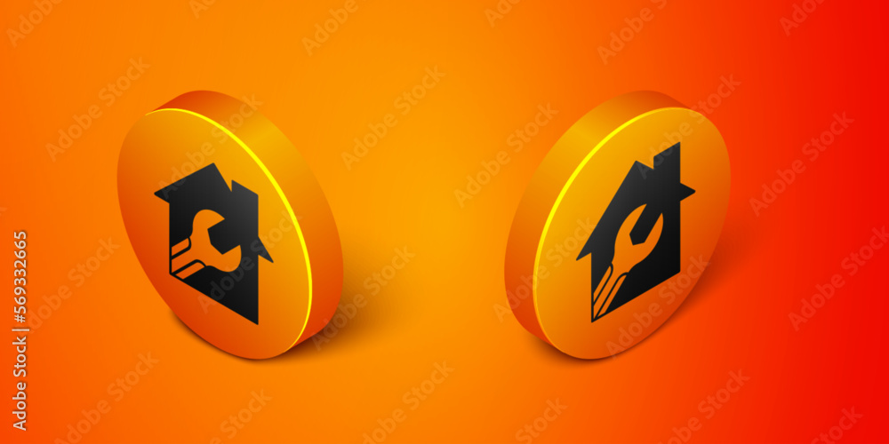 Isometric House or home with wrench spanner icon isolated on orange background. Adjusting, service, setting, maintenance, repair, fixing. Orange circle button. Vector Isometric House or home with wrench spanner icon isolated on orange background. Adjusting, service, setting, maintenance, repair, fixing. Orange circle button. Vector