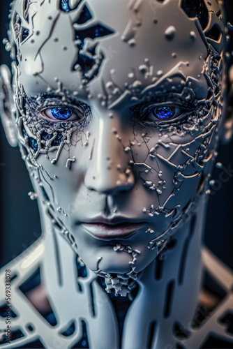 Intelligence, humanoid looking cyborg robot head with blue led electronic parts and circuits, satin white armor parts, created with Generative AI technology