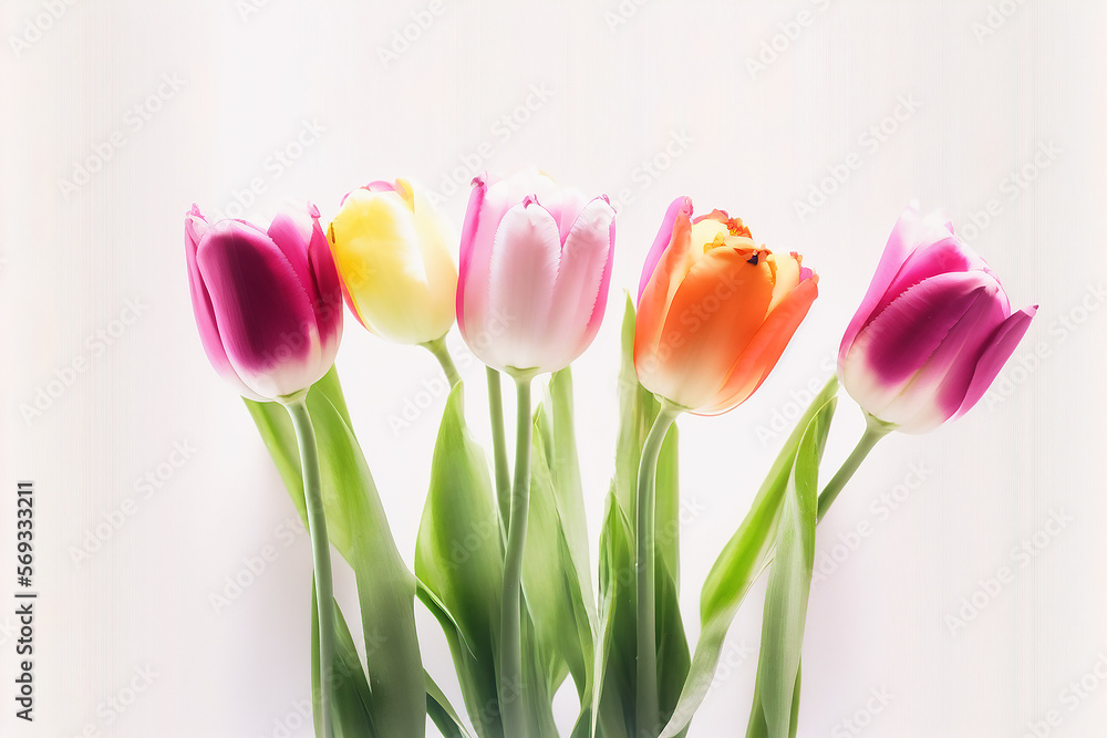 Cute natural spring tulip flowers. Illustration Generative AI Cute natural spring tulip flowers. Illustration Generative AI