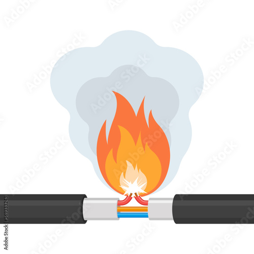 Wire is on fire. Fire-fighting wiring. Faulty damaged cable. Fire from overload.