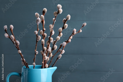 Blue jug with pussy willow branches on wooden background