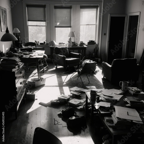  A black and white photo shows a large untidy living room.