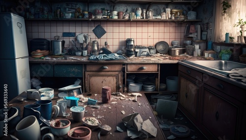 The unorganized kitchen depicts a chaotic and cluttered room. The worktops are littered with dirty dishes, pots, and pans.