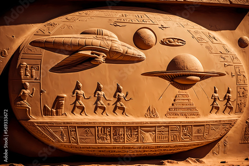 Egyptian hieroglyphs, construction of Egypt pyramids by UFO aliens on flying saucers. Generation AI photo
