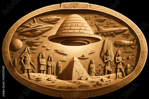 Egyptian hieroglyphs, construction of Egypt pyramids by UFO aliens on flying saucers. Generation AI