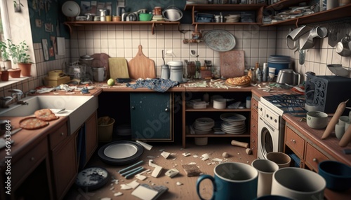 The disorganized kitchen depicts a chaotic and messy room.
