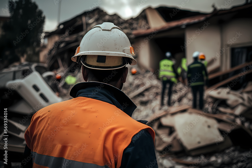 Concept Earthquake emergency. Rescue service man in helmet clears rubble of house after natural disaster. Generation AI