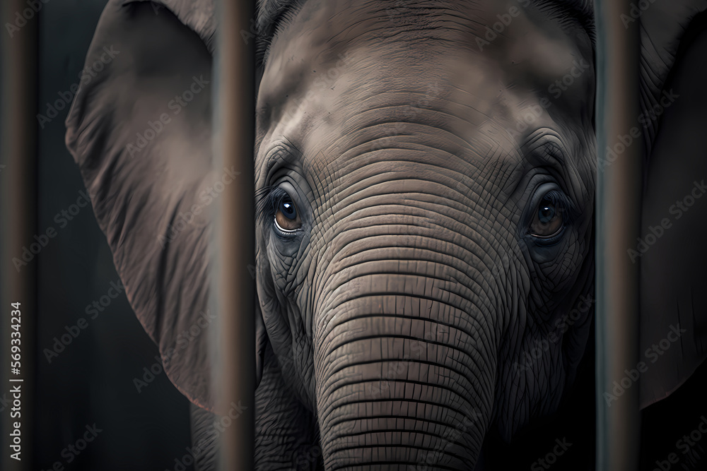 Portrait of elephant behind bars in lattice cage. Concept Unlawful