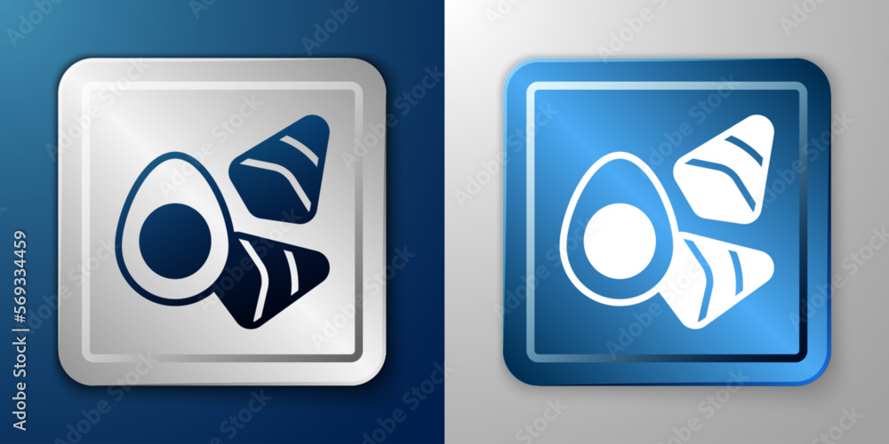 White Chicken egg with vegerables icon isolated on blue and grey background. Silver and blue square button. Vector White Chicken egg with vegerables icon isolated on blue and grey background. Silver and blue square button. Vector