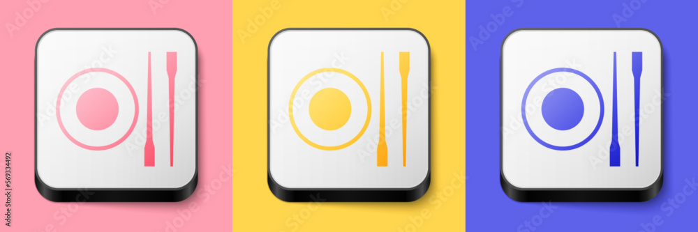 Isometric Food chopsticks with plate icon isolated on pink, yellow and blue background. Wooden Korean sticks for Asian dishes. Oriental utensils. Square button. Vector Isometric Food chopsticks with plate icon isolated on pink, yellow and blue background. Wooden Korean sticks for Asian dishes. Oriental utensils. Square button. Vector