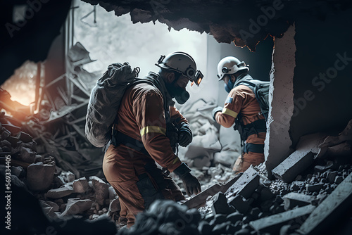 Fototapeta Rescue service man in helmet clears rubble of house after natural disaster