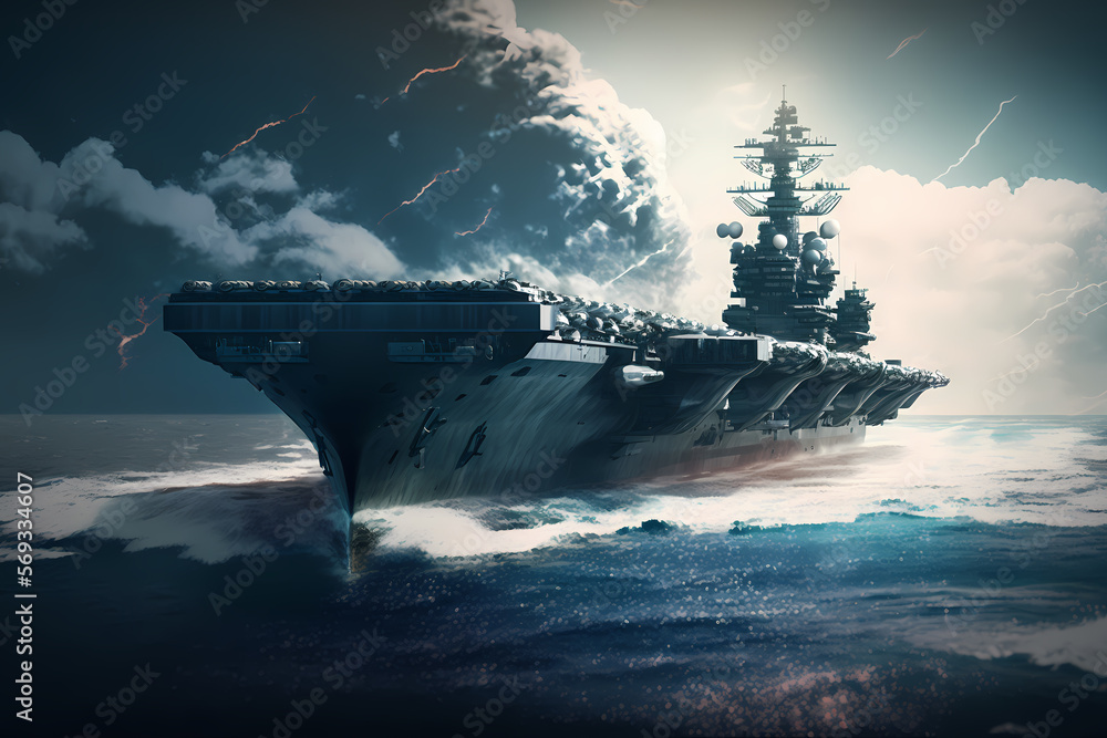 Military navy ship carrier in water. Warships set out on secret mission in ocean, menacing mood. Generation AI Military navy ship carrier in water. Warships set out on secret mission in ocean, menacing mood. Generation AI
