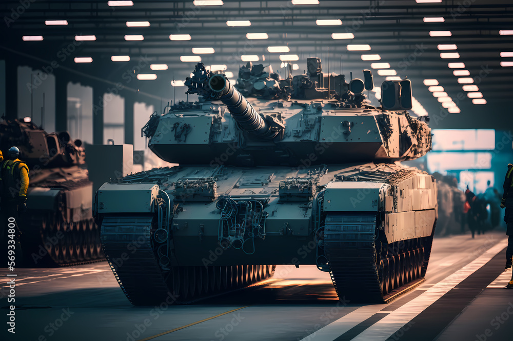 Modern Military battle tank getting ready on mission, sunlight. Modern weapon of new generation is in hangar. Generation AI