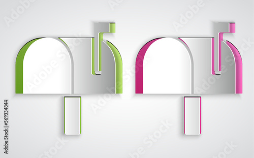 Paper cut Mail box icon isolated on grey background. Mailbox icon. Mail postbox on pole with flag. Paper art style. Vector