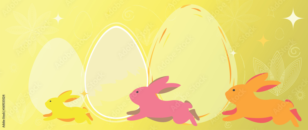 Easter holidays banner background with jumping rabbits bunny and easter eggs space for text in yellow colours vector illustration Easter holidays banner background with jumping rabbits bunny and easter eggs space for text in yellow colours vector illustration