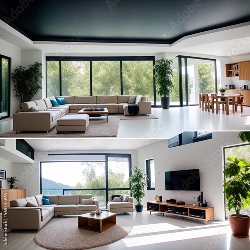 modern, futuristic living room with window, smart home, screens, digtial. Generative AI photo