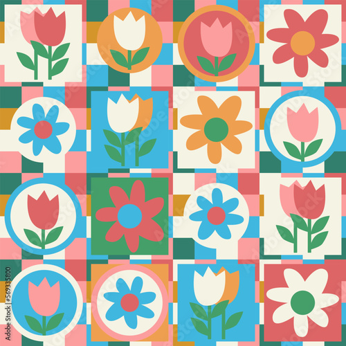 Seamless pattern. Hand drawn flowers decorated with patterns in naive style. For wrapping paper, other design projects