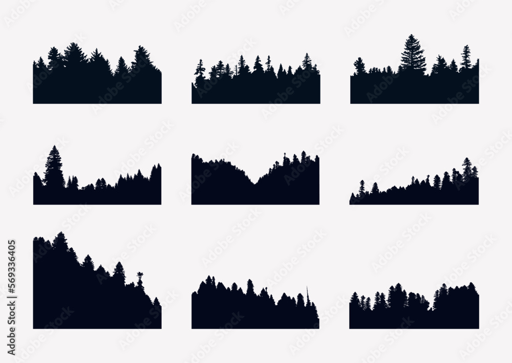 Set evergreen fir forest silhouetts