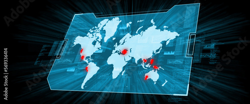 Global map of the world with earthquake points. Hologram display.