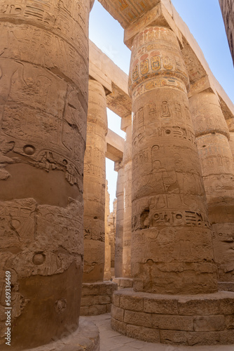 Columns of the Karnak temple in Luxor, without people and on a sunny day.