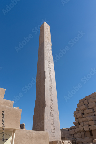 Karnak temple obelisk, close-up, on a sunny day.