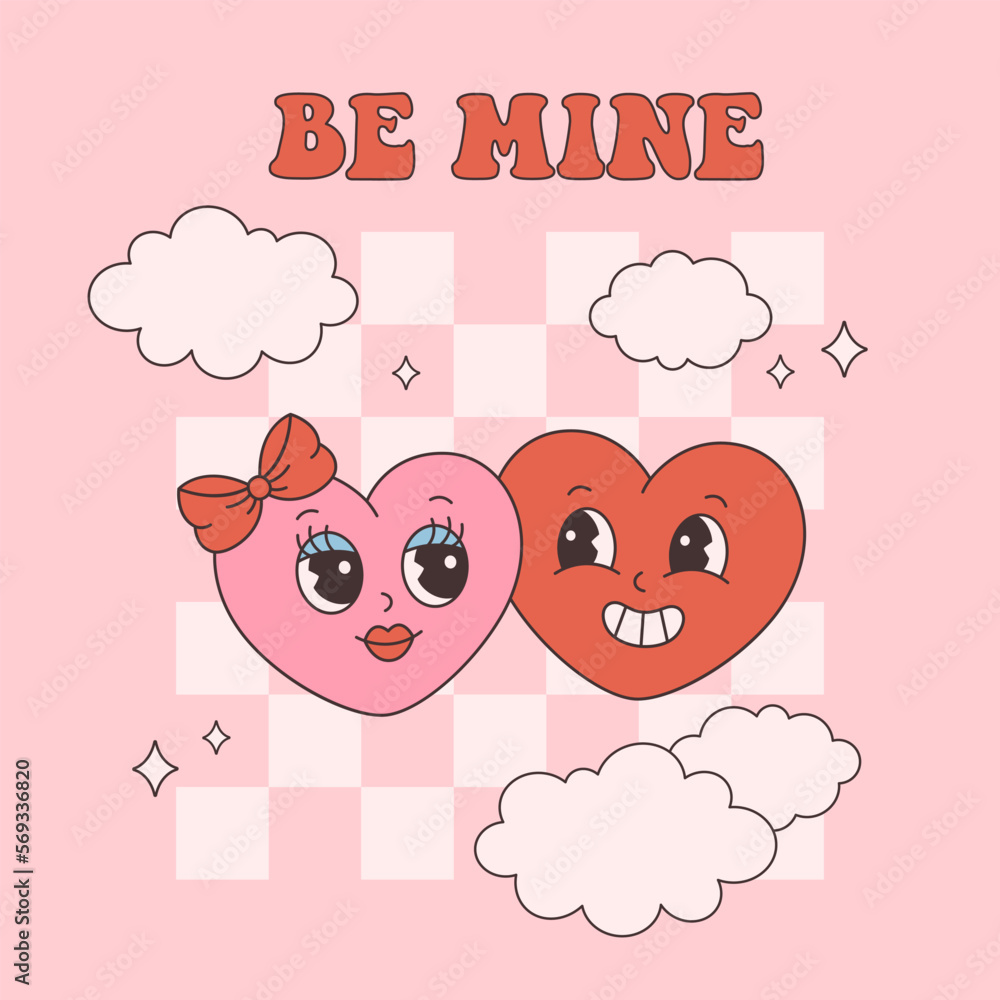 Trendy retro cartoon heart characters, love couple. Groovy style, vintage, 70s 60s aesthetics. Valentines day greeting card. Vector illustration in flat style Trendy retro cartoon heart characters, love couple. Groovy style, vintage, 70s 60s aesthetics. Valentines day greeting card. Vector illustration in flat style
