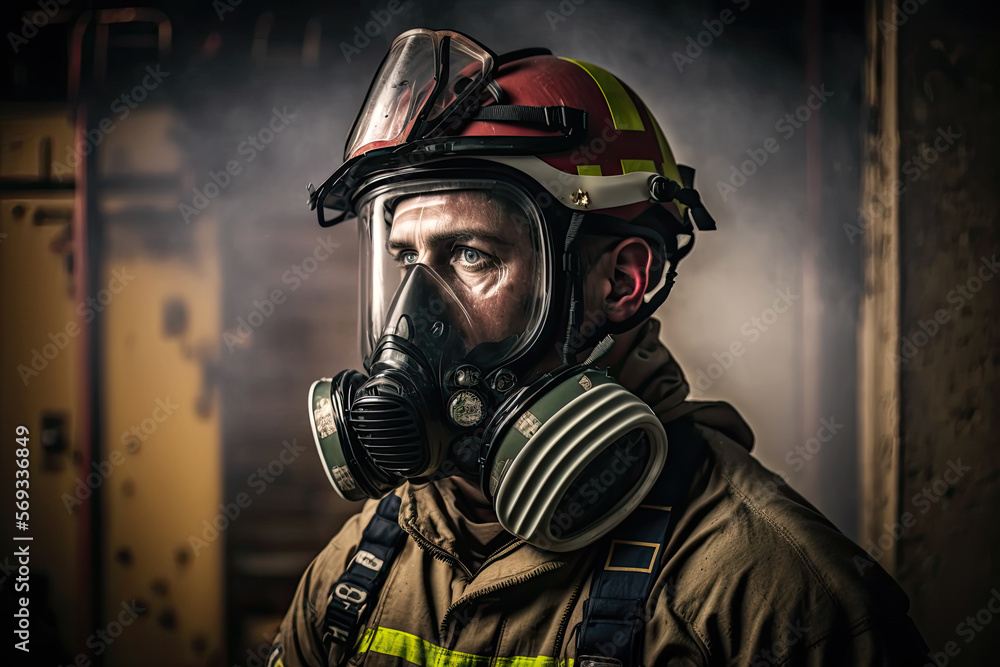 Generative AI illustration of a firefighter with smoke mask and helmet on dark background with smoke