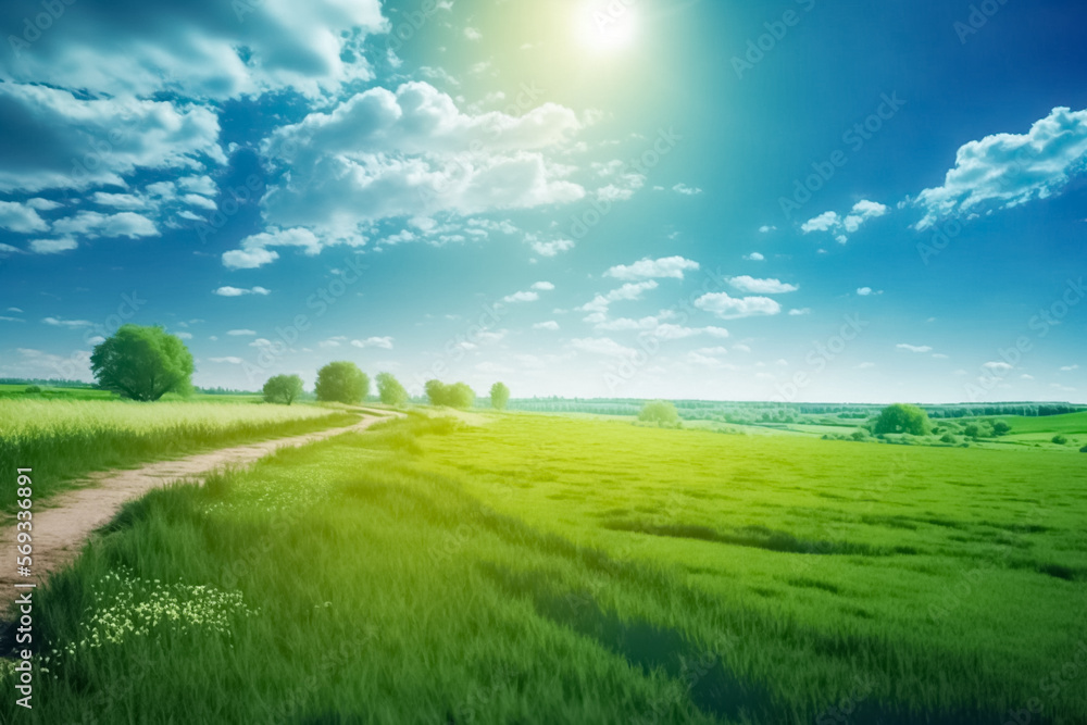 Obraz premium A fresh spring sunny background of green grass and blurred natural landscape with green grass, sunlight in nature field. Blurred spring nature background. Springtime. generative AI