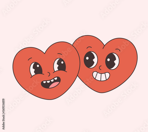 Trendy retro cartoon heart characters. Groovy style, vintage, 70s 60s aesthetics. Happy Valentines day, gay couple. Vector illustration