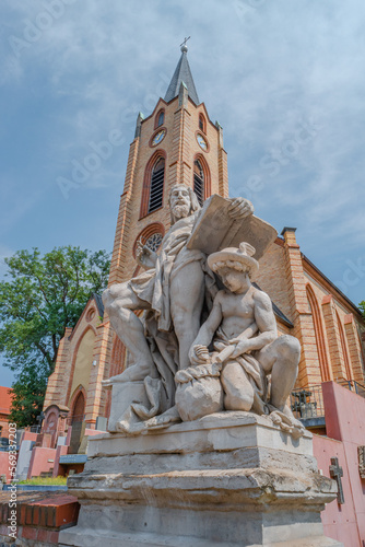 Magdeburg, Germany - July 24, 2021: Saint Gertraud Church with statues in Magdeburg in dramatic colors, Germany, closeup, details