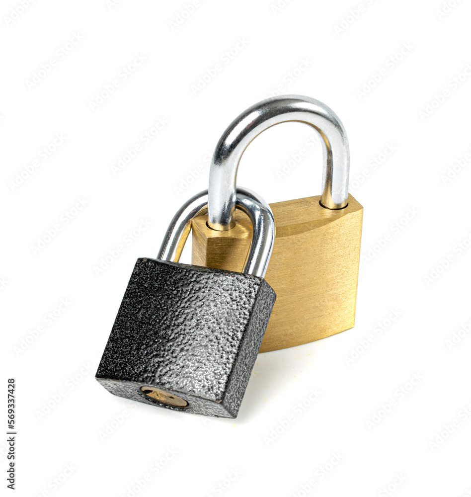 Two Locks Isolated, Golden and Black Padlocks Locked Together Two Locks Isolated, Golden and Black Padlocks Locked Together