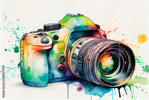 watercolor DSLR camera with white background, format 3:2, illustration, generative AI