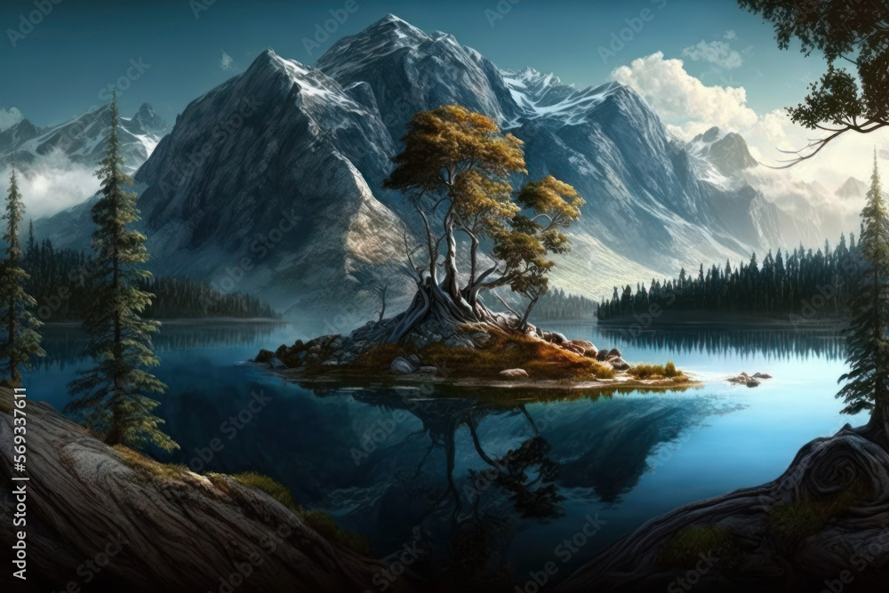 Obraz premium lake in the mountains, trees Generative AI, Generativ, KI