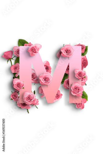Lettera rosa con fiori,  su sfondo bianco