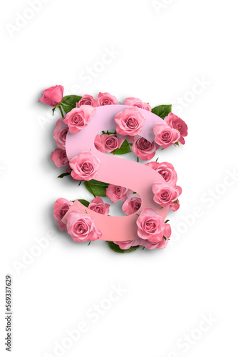 Lettera rosa con fiori,  su sfondo bianco