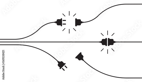 Electric socket with a plug. Connection and disconnection concept. Concept of 404 error connection. Electric plug and outlet socket unplugged. Wire, cable of energy disconnect – vector 10 eps.