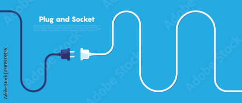 Electric socket with a plug. Connection and disconnection concept. Concept of 404 error connection. Electric plug and outlet socket unplugged. Wire, cable of energy disconnect. Vector 10 eps.
