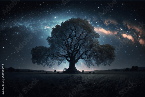 Night landscape with tree under the galaxy view