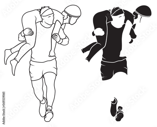 Wife carrying vector icon. Eukonkanto. line art Illustration. Husband carries his wife on his back. jogging with girl on back. Cool logo template with white background.