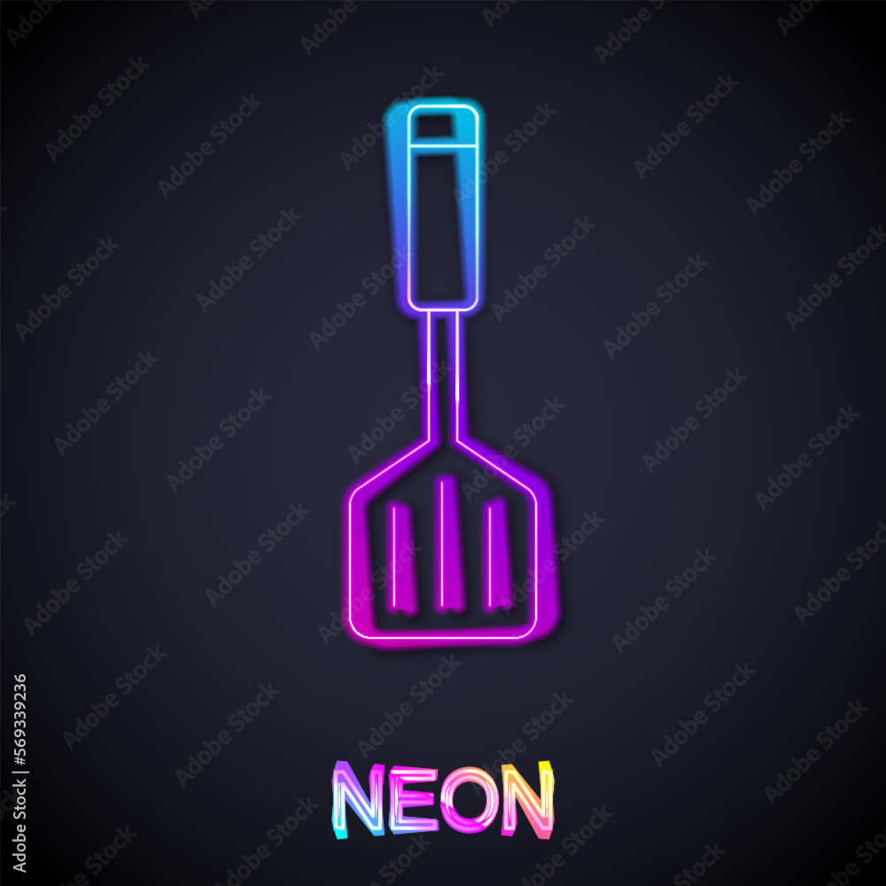 Fototapeta premium Glowing neon line Spatula icon isolated on black background. Kitchen spatula icon. BBQ spatula sign. Barbecue and grill tool. Vector
