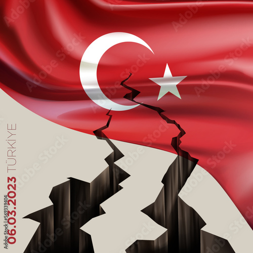 Catastrophic devastating earthquake in south east Turkey. Natural disaster in Kahramanmaras, Turkiye on 06 February 2023. Massive cracks and Turkish flag.
