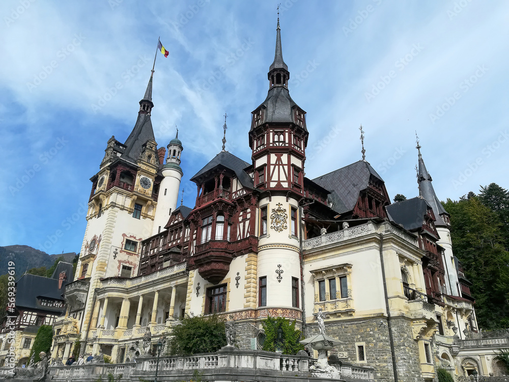 View of the famous Peles Castle in the city of Sinaia in Romania