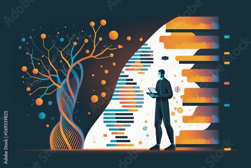 Person using machine learning algorithms to analyze genetic data and personalized medicine treatments, concept of Data Science and Artificial Intelligence, created with Generative AI technology