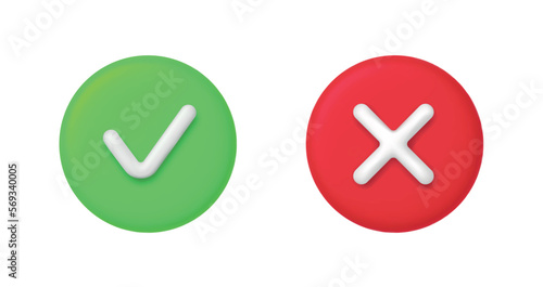 3D Right and Wrong Button in Round Shape. Green Yes and Red No Correct Incorrect Sign. Checkmark Tick Rejection, Cancel, Error, Stop, Negative, Agreement Approval or Trust Symbol. Vector Illustration